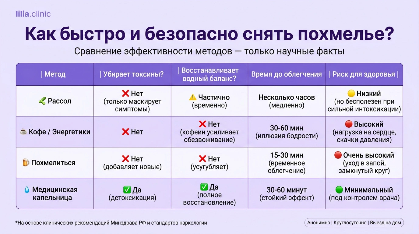 Инфографика сравнения эффективности методов снятия похмелья.